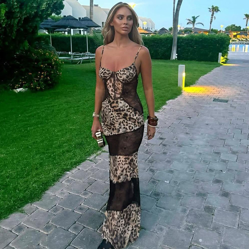 Spring new womens fashion spaghetti strap leopard print lace splicing sexy sheer dress - view 3