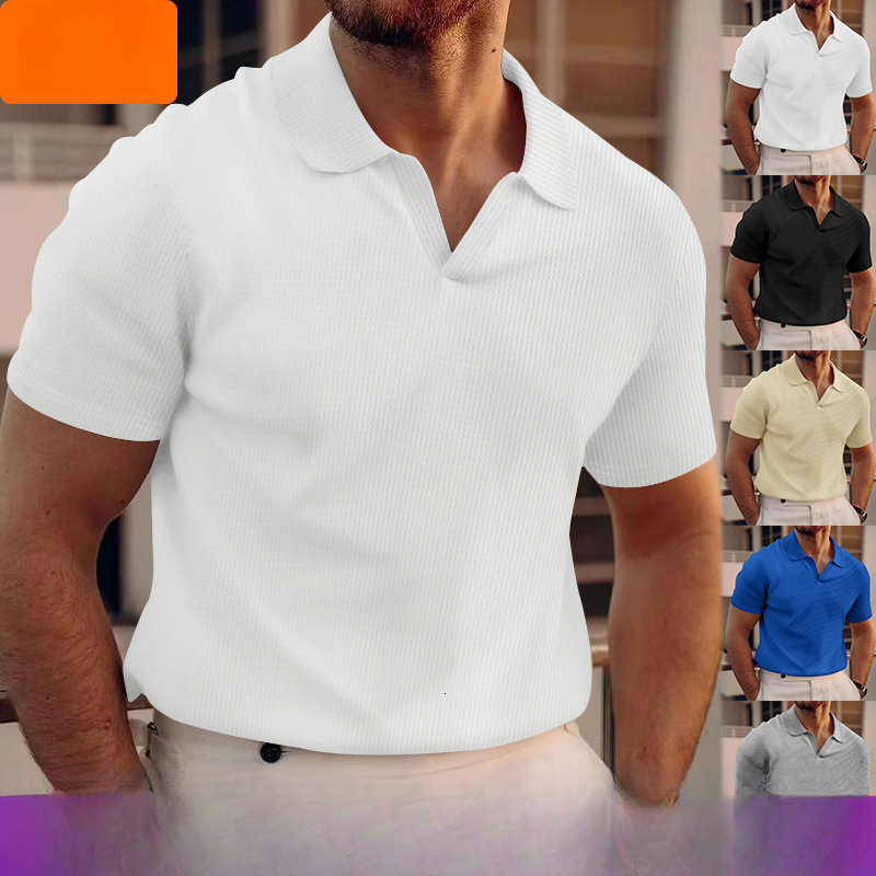 2026 New Cross-Border Men's Summer Turn-Down Collar T-Shirt, Heavyweight Waffle Knit Oversize Solid Color Casual Short Sleeve