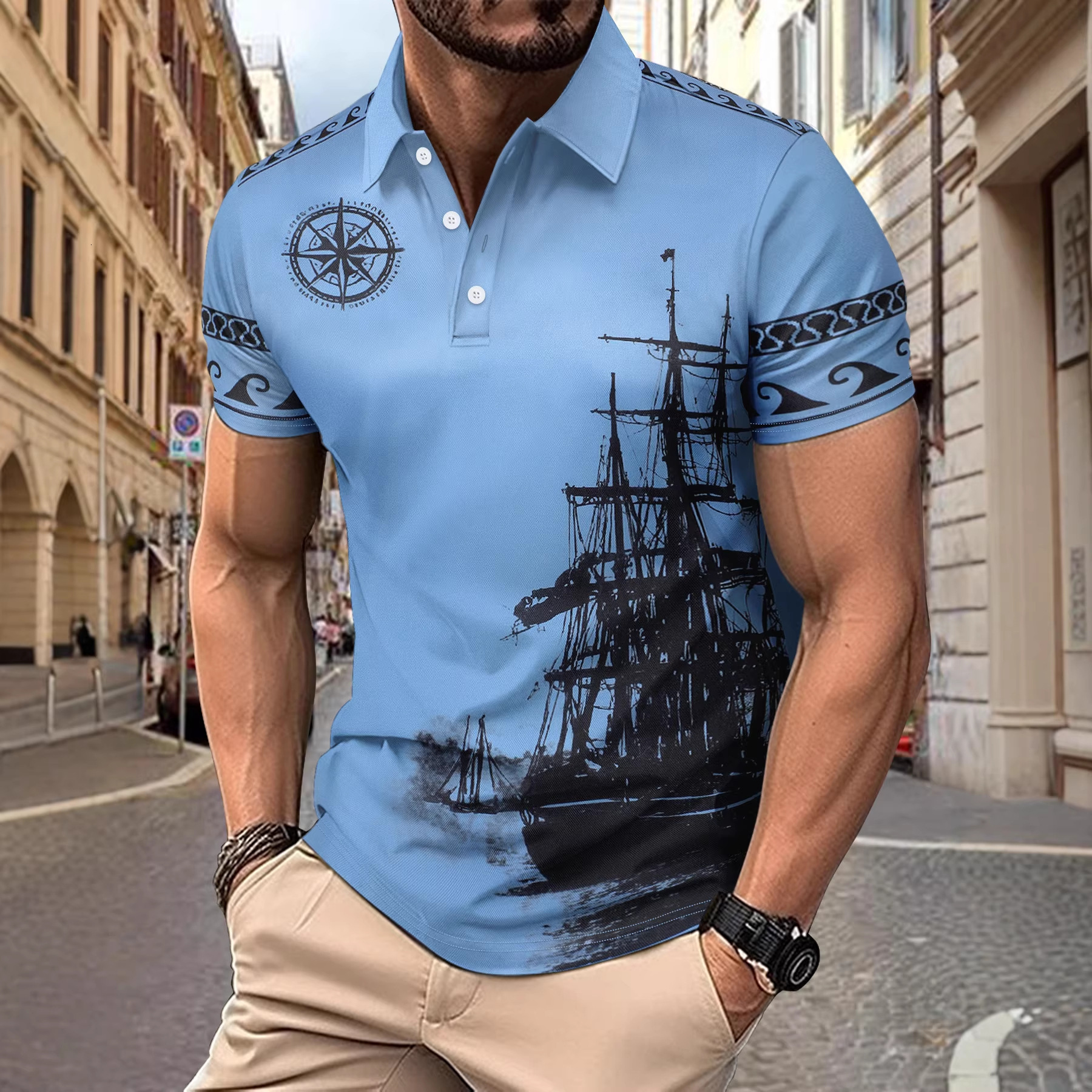 American Summer New Style Sailing Pattern Printed Turn-Down Collar Men's Casual Short-Sleeve POLO Shirt T-Shirt - view 4