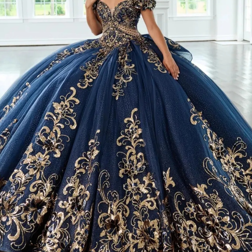 Navy blue off-shoulder dress with small cuffed sleeves, heavy beaded crystal embellishments, and a full tulle skirt Quinceanera - view 3