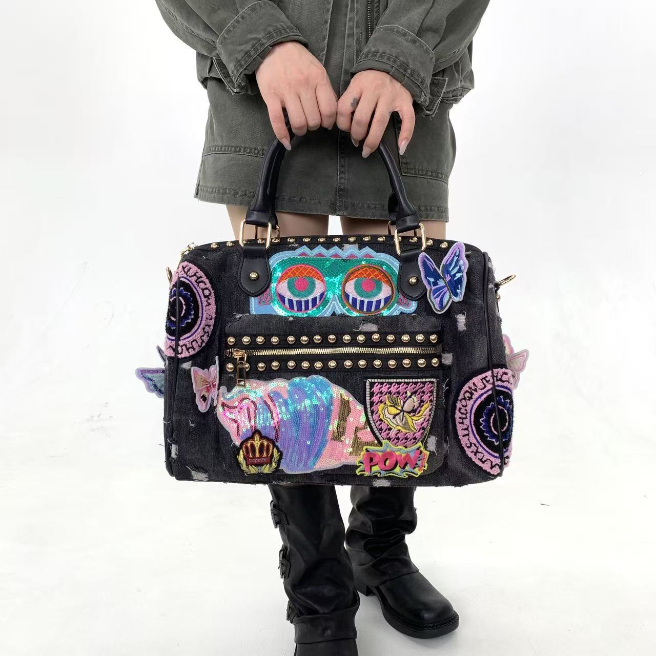 Hot Denim Patchwork Handbag Sequin Embroidery Boston Bag Rivet Crossbody Shoulder Purse, Colorful Cartoon Sequins Badge Studded Design - view 5