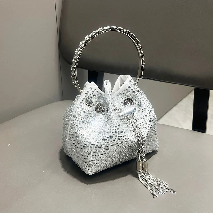 Tassel Womens Shoulder Bags Metal Ring Diamond Bucket Bag Shiny Drawstring Handbag Tote Chain Crossbody Evening Clutch 260612 - view 6