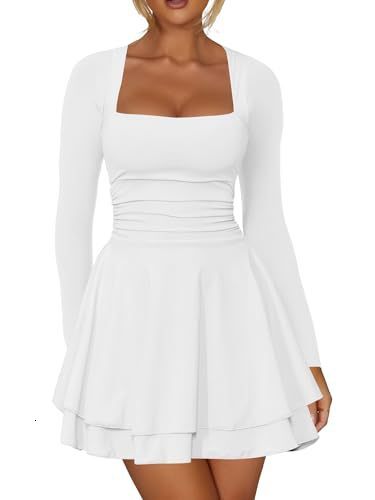 2026 Womens Fashionable Square Neck Long Sleeve Slim Dress Short Skirt Beach Vacation Dress - view 9