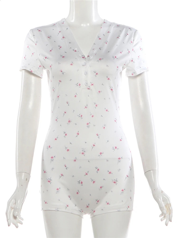 Kliou Casual Fashion Playsuits Woman Floral Print Button VNeck Short Sleeve Skinny Stretch Summer Street Elegant Style Rompers 260626 - view 7
