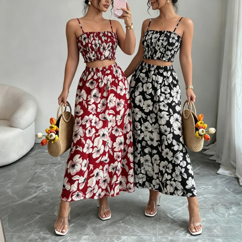 Womens 2 Piece Floral Print Outfit Spaghetti Strap Ruffle Crop Top High Waist Flowy Midi Skirt Summer Beach Vacation Casual Set 260625