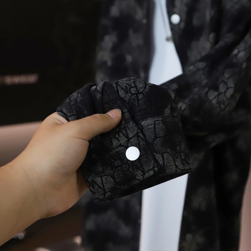 Chinese-Style Men's Jacquard Print Denim-Style Jacket Shirt, Long Sleeve Polyester Outerwear with Shawl Collar and Single-Button Closure for Autumn Me - view 5