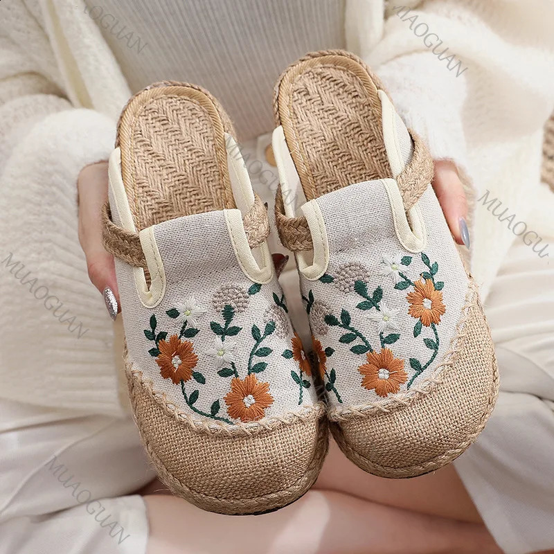 Women Casual Linen Embroidery Shoes Baotou Flat Mules Half Slippers Causal Retro Summer Ladies Canvas Sandals Comfort Footwears 260626 - view 1