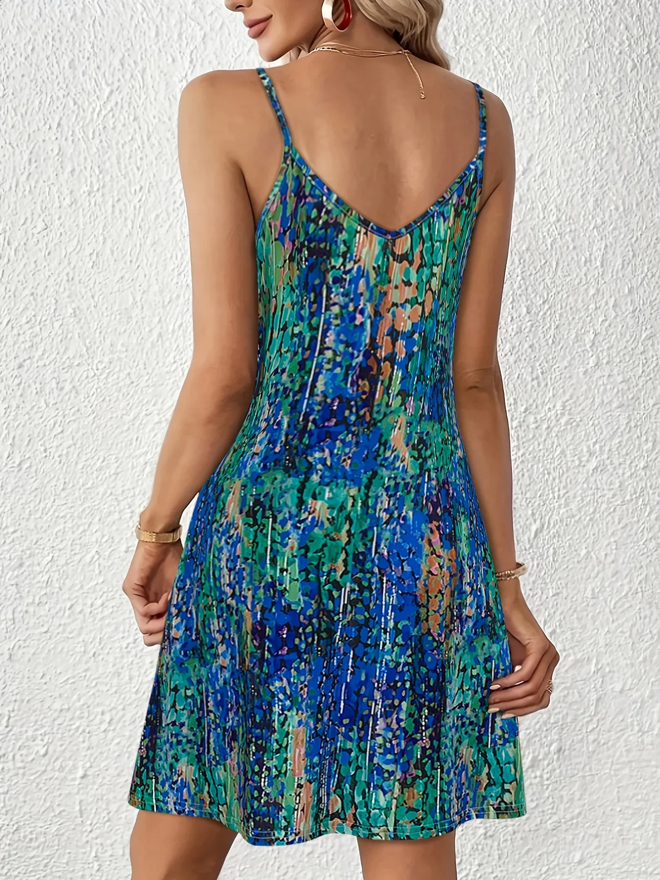 Womens Blue Green Abstract Print Cami Dress Summer Casual V Neck Sleeveless A Line Flowy Sundress With Pocket 260625 - view 4