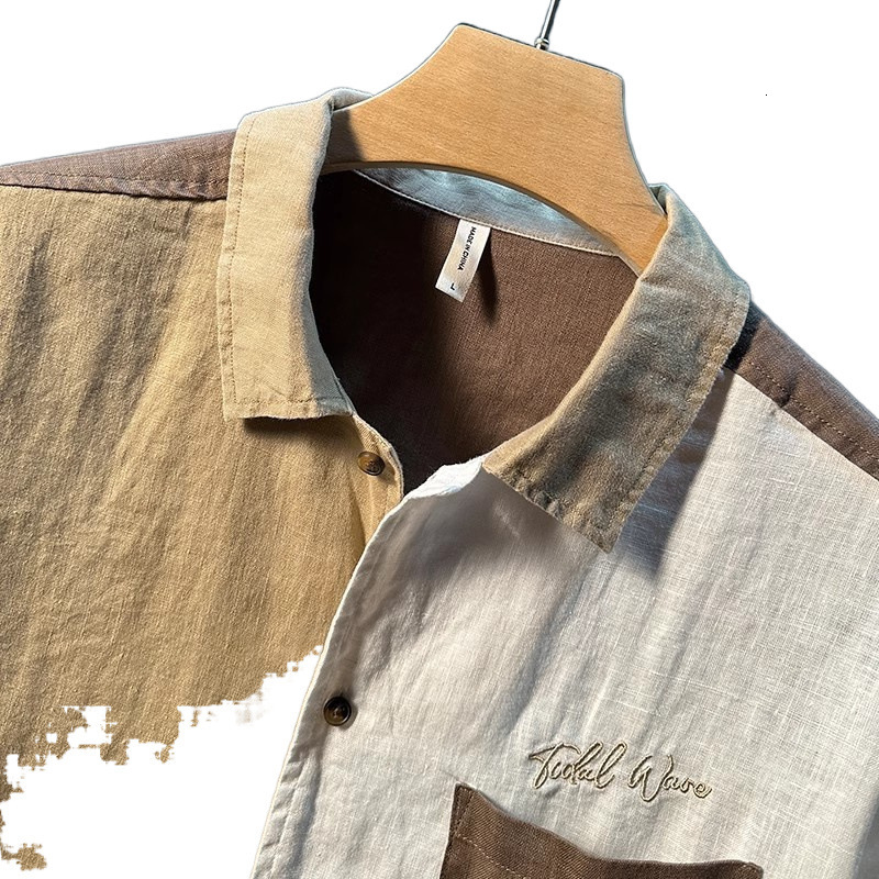 Two-Tone Linen Shirt, New Men's Summer Loose Casual Patchwork Top, Japanese-Style Thin Trendy Short-Sleeve Shirt - view 6