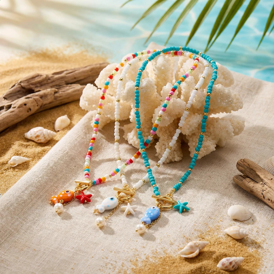 Bohemian Ceramic Fish Starfish Pendant Necklaces for Women Men Colorful Rice Beaded Chain Necklaces Lightweight Beach Jewelry 260626 - view 4