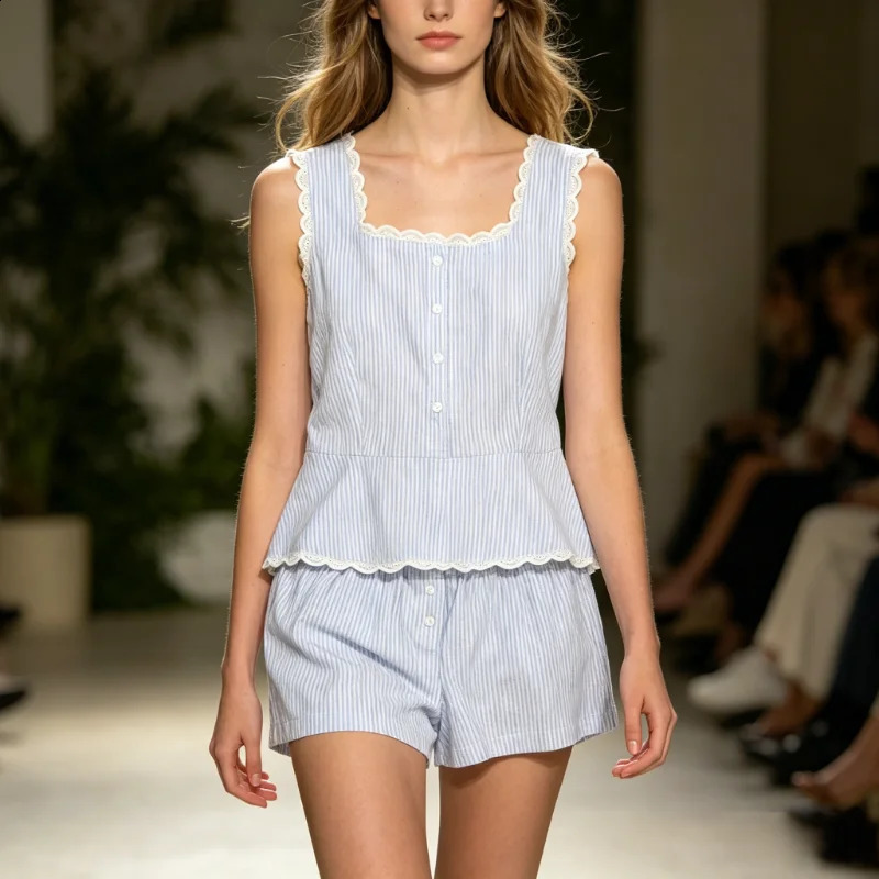 Summer Stripe Sleepwear Women Home Clothes Vest Set Lace Trim Cotton Sleeveless Round Neck Tank Top Shorts 2 Piece Pajamas 260625 - view 5