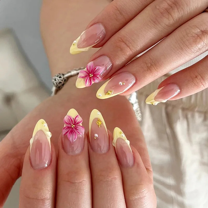 24Pcs Yellow French Full Cover Nails Tips Mid-length Almond Detachable False Nails 3D Flower Pearl Starburst Press on Fake Nails 260626 - view 1