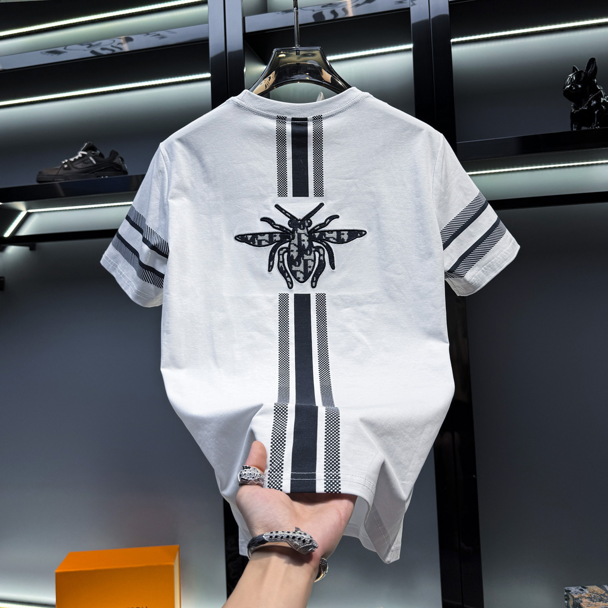European-Style Men's High-End Striped Embroidered Round-Neck Short-Sleeve T-Shirt, Trendy Brand, New Summer American-Style Half-Sleeve - view 4