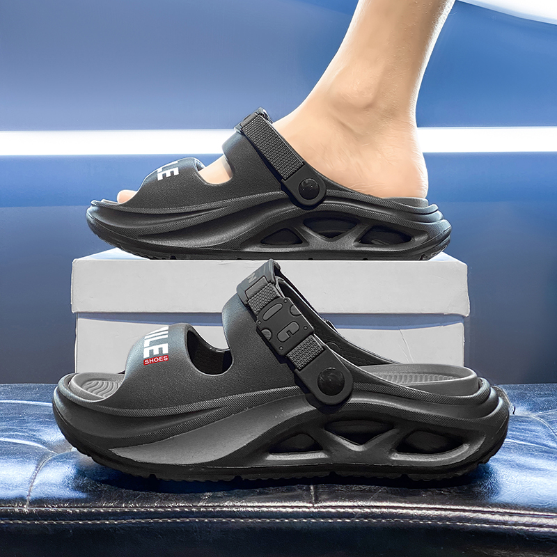Men Hollow Cutout Platform Sport Slides Adjustable Buckle Heel Strap Letter Print Gradient EVA Thick Cushion Anti Slip Beach Shower Casual Slippers - view 8