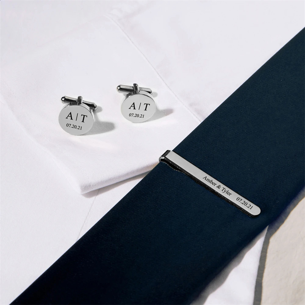 Tie Clip and Cufflink Set Personalized Name Tie Clip Engraved Date Letter Cuff Links Custom Jewelry Fathers Day Gift for Men 260626 - view 3