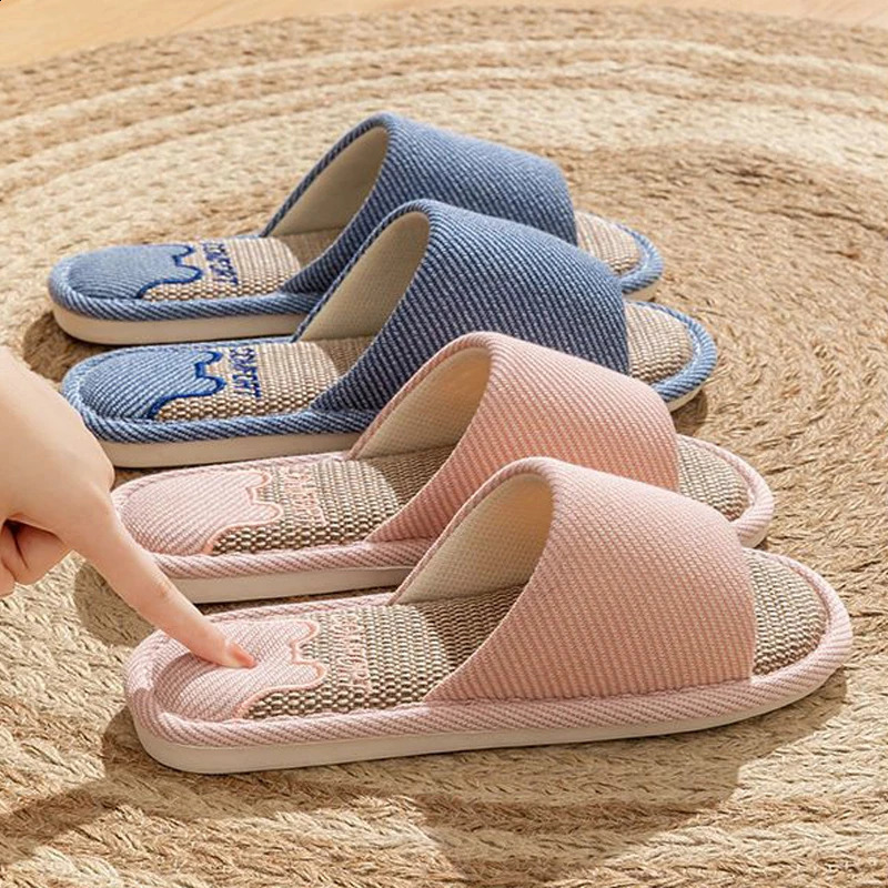 Women Linen Slippers Four Seasons Women Indoor Sandals Adults Cartoon Slides Couples Open toed Breathable Home Shoes 260624 - view 3