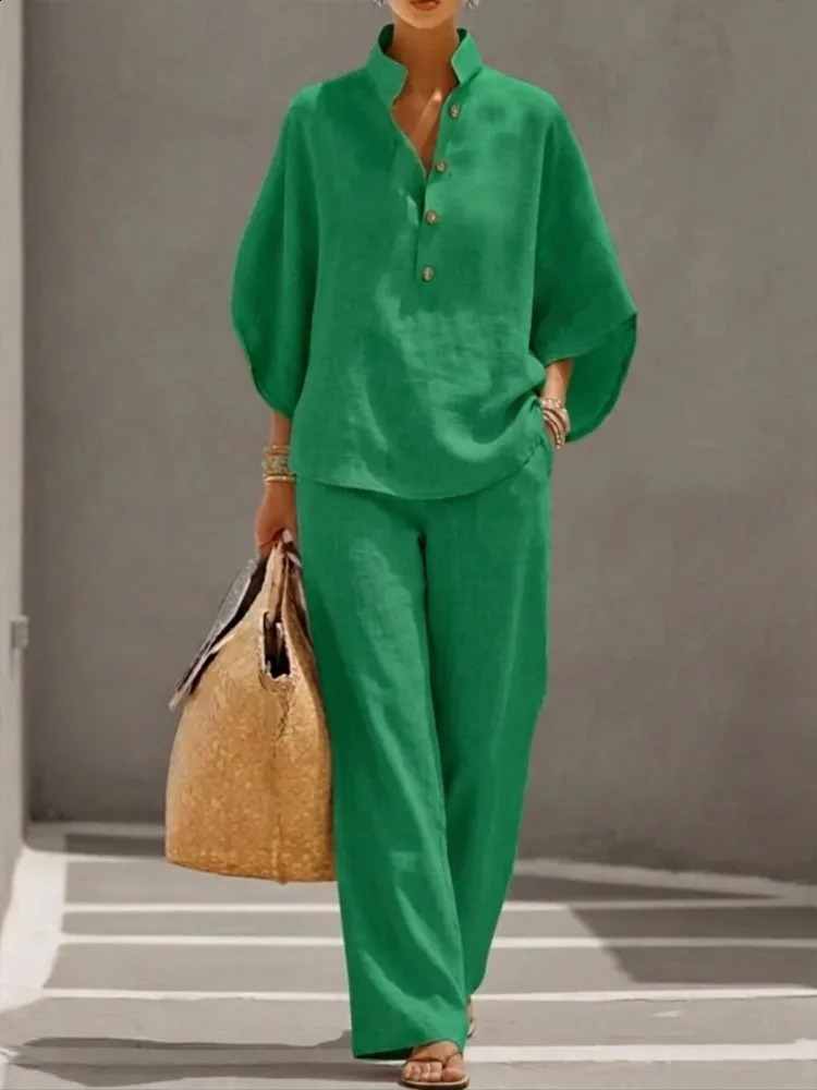2026 Summer Fashion Womens Cotton and Hemp Two Piece Set Single Breasted Half Open Sleeved Top Pants Commuter 260626 - view 5