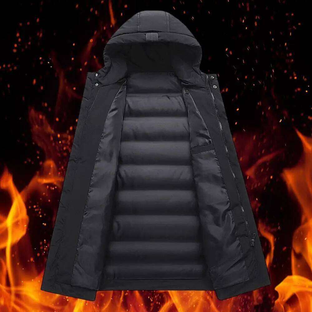 Zippered Men's Hooded Cotton Down Jacket with Long Sleeves Pockets Solid Color Thickened Casual Outwear for Winter W260626 - view 5