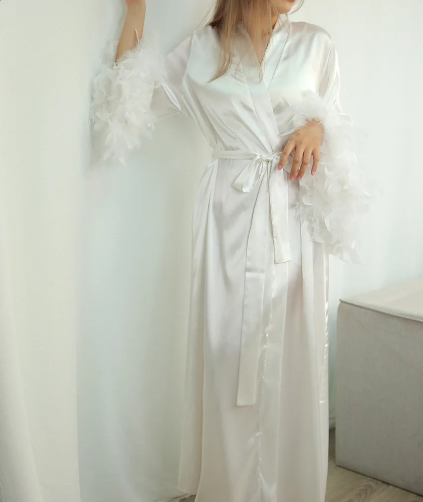Feather Blush Kimono Robe Boudoir Wedding Floor Length Maxi Dressing Gown Robes Bride to Be Hen Party Stain Silk Lingerie260622 - view 5