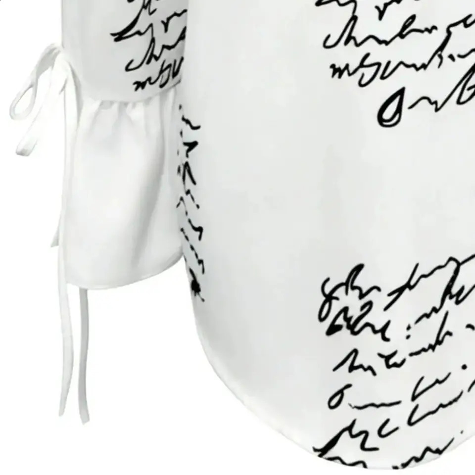 Womens White Script Print Button Down Shirt - Casual Tie Cuff Long Sleeve Blouse for Office Street Style 260626 - view 7