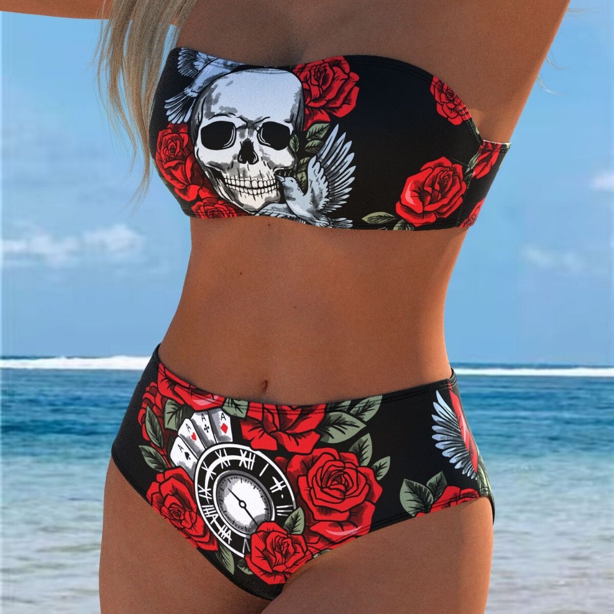 2026 Best-Selling New Rose Skull Pattern Personalized Print Strapless European And American Sexy Two-Piece Bikini For Women - view 3