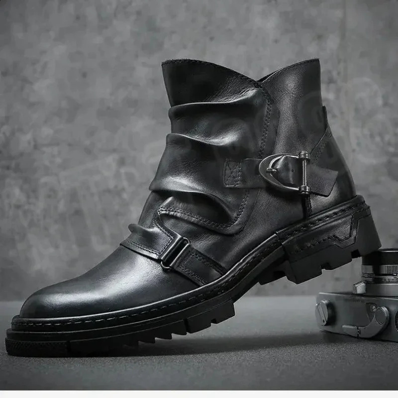 Retro Mens Motorcycle Leather Boots British Style Round Head High Top Shoes Casual Platform Moto Street Gear 260626 - view 5
