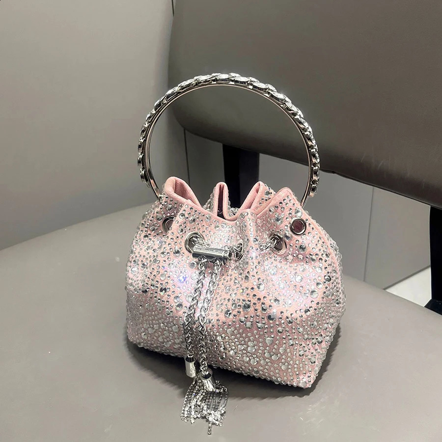 Tassel Womens Shoulder Bags Metal Ring Diamond Bucket Bag Shiny Drawstring Handbag Tote Chain Crossbody Evening Clutch 260612 - view 3