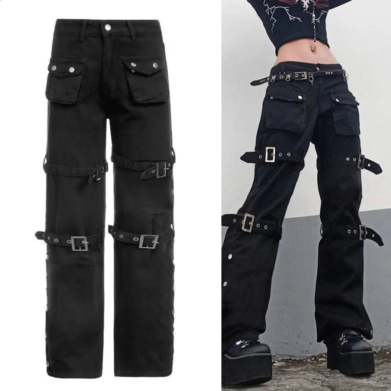 trend Women Black Cargo Jeans with Multi Pockets Metal Buckle Belt Straight Trousers 260625
