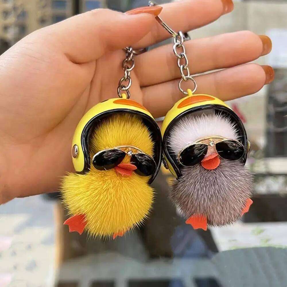 New Women Keychain Creative Unique Mini Yellow Duck Car Key Ring Mink Fur Funny School Bag Pendant 26Y0626 - view 7