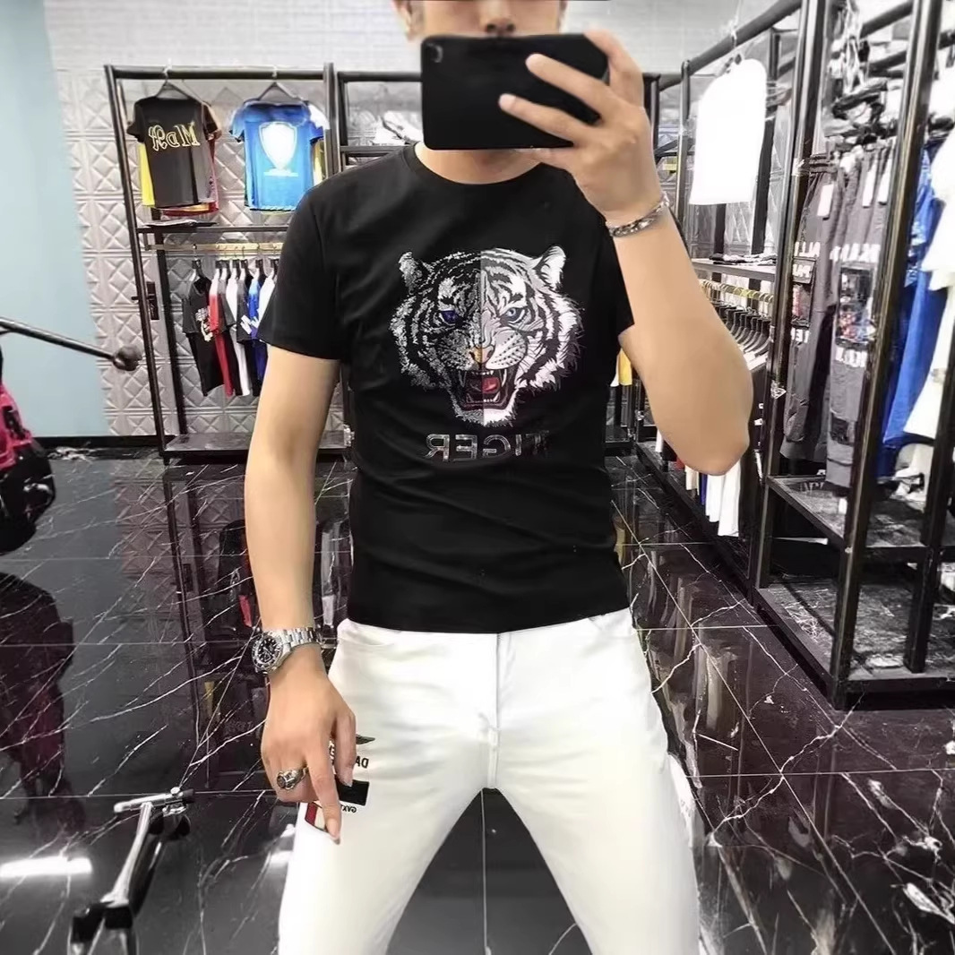 Summer High-End Men's Short-Sleeve T-Shirt New Tiger Head Design Light Luxury Rhinestone Trendy Versatile Fashion