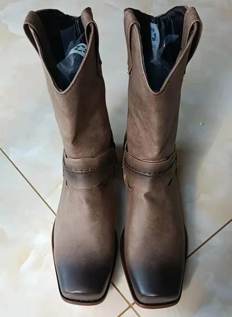 Retro Cowboy Boots Women Men Mid Calf Outdoor Boots Vintage PU Slip on Shoes Winter Gladiator Booties Unisex Brown Long Boots 260626 - view 7