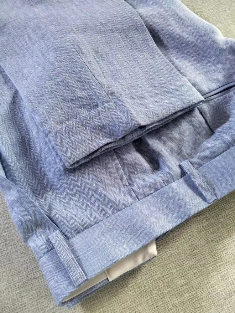 Summer Mens Light Blue Daily Casual Ankle length Trousers Straight Leg Pant Fashion Linen Pants Mid Waist Button Slim Fit 260625 - view 6