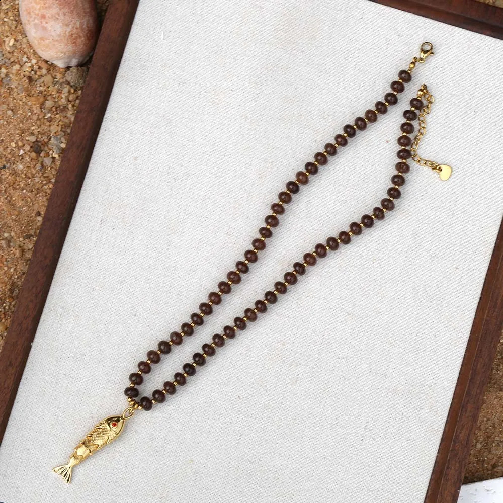 2026 latest Swingable gold-plated small fish pendant colored natural stone abacus beads stainless steel spacer beads necklace 260626 - view 7