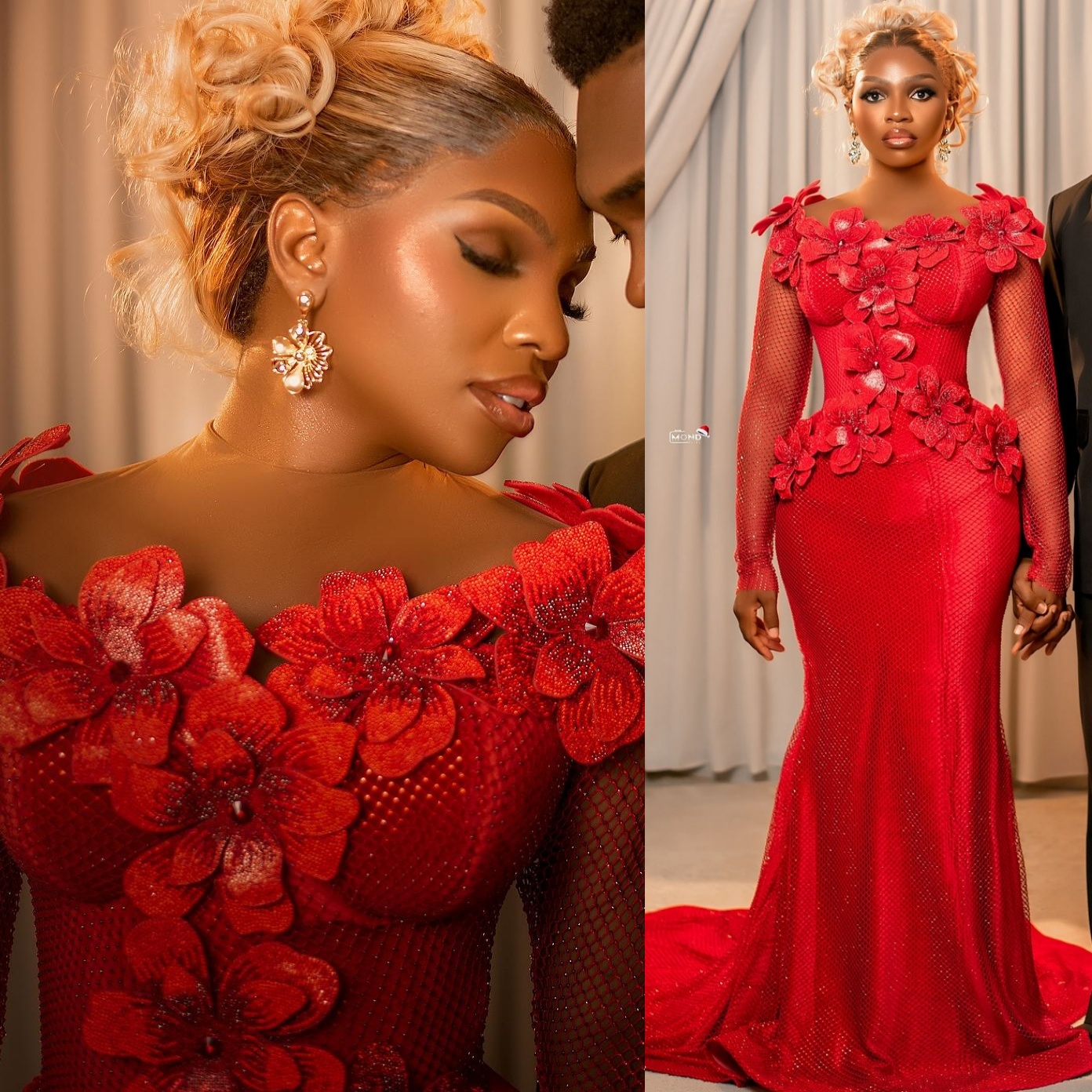 Aso Ebi Red Mermaid Prom Dress 2026 Evening Dress Flowers Crystals Sheer Neck Glitter Birthday Formal Women Pageant Party Gowns Long Dinner Dresses ZJ