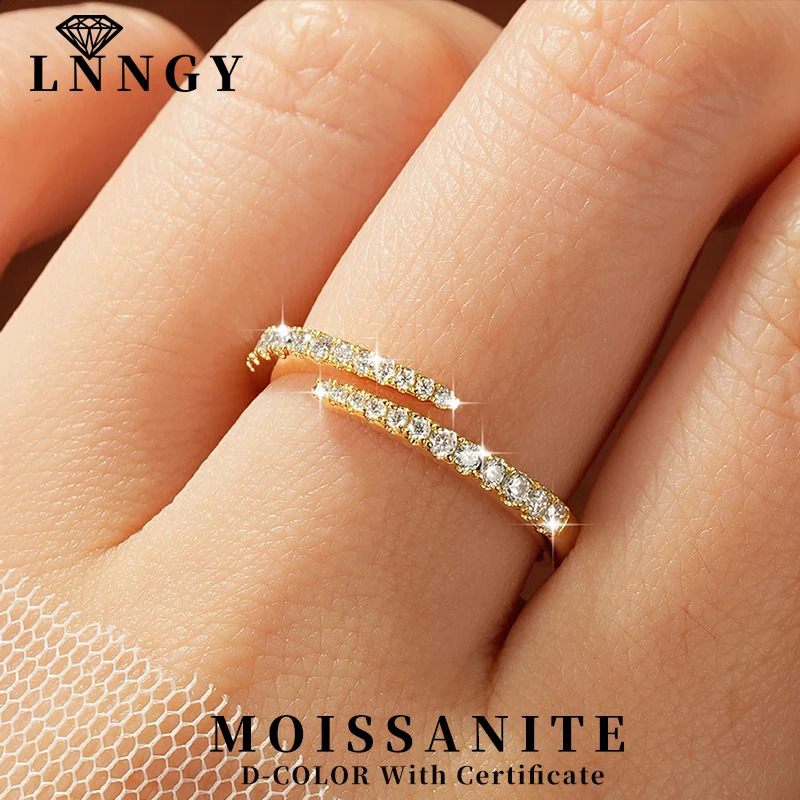 Lnngy Certified Opening Ring for Women Girls Sparkling Lab Diamond Half Wedding Ring Adjustable Jewelry Gift260624