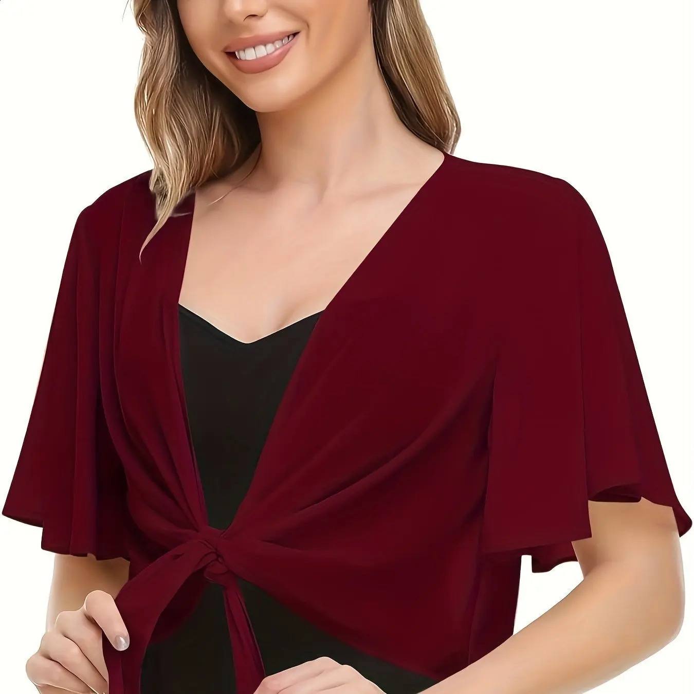 Europe and the United States womens blouse solid color short-sleeved cardigan thin chiffon cape tied and tied cape 260625 - view 3