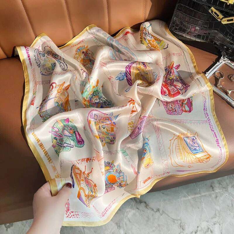 100% Mulberry Silk Satin for Women Colorful Abstract Horse Pattern Square Neck Scarf Multi Use as Headband Bag Decoration 26Y06226 - view 4
