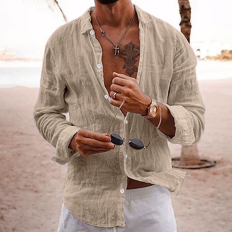 Mens shirt 2026 new model solid color loose fit single-breasted turn-down collar cotton-linen long-sleeve shirt - view 3