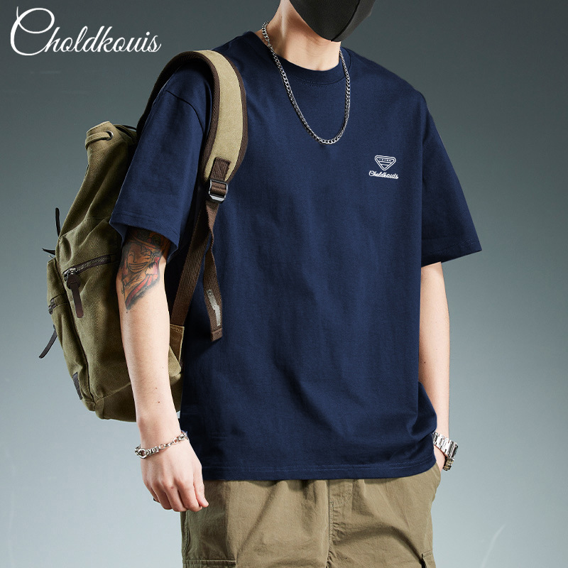 Short T-Shirt For Men New Summer Trend American Retro Heavyweight Fashion Seven-Quarter Sleeve Pure Cotton Clothing Men Round-Neck Pullover - view 4
