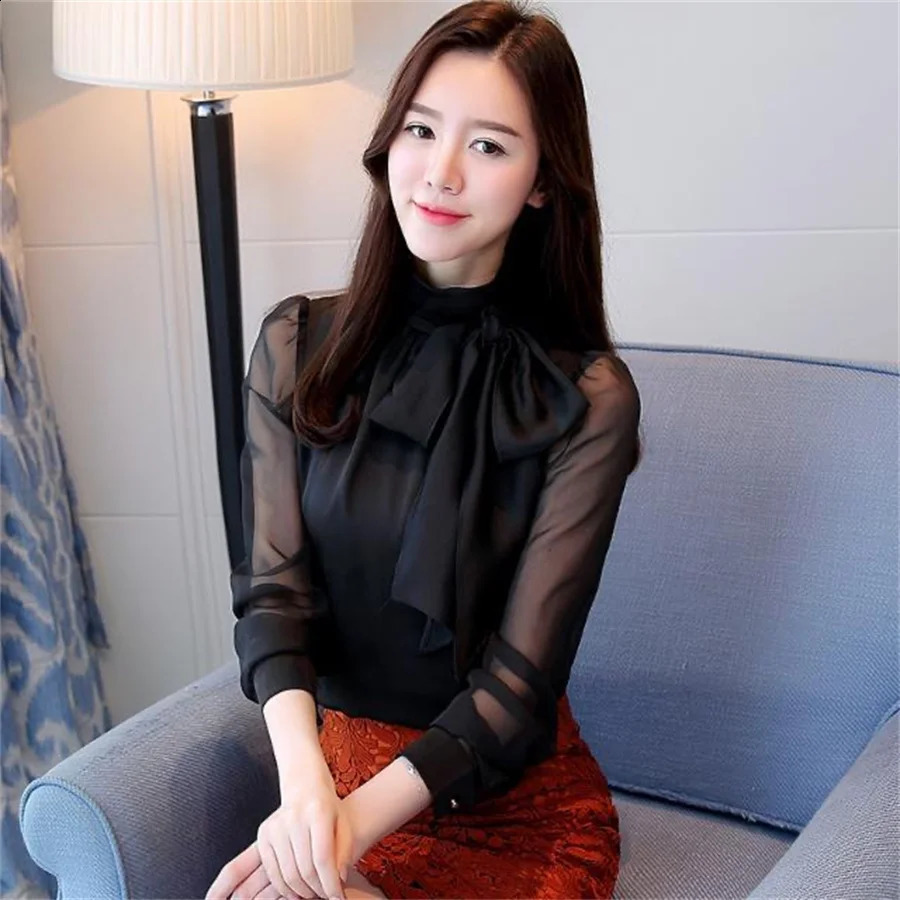 Summer Fashion Tunic Women Blouse Shirts Long Sleeve Tie Bow Chiffon Turtleneck Formal White Black DF4905 260626 - view 3