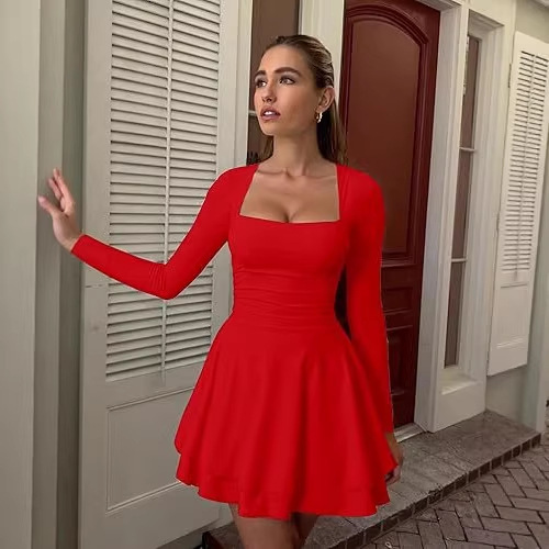 2026 Womens Fashionable Square Neck Long Sleeve Slim Dress Short Skirt Beach Vacation Dress - view 4