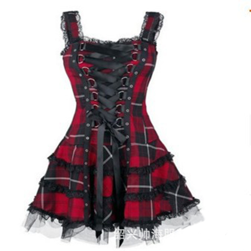 New womens plaid print lace trim dress sleeveless mesh midi dress - view 7