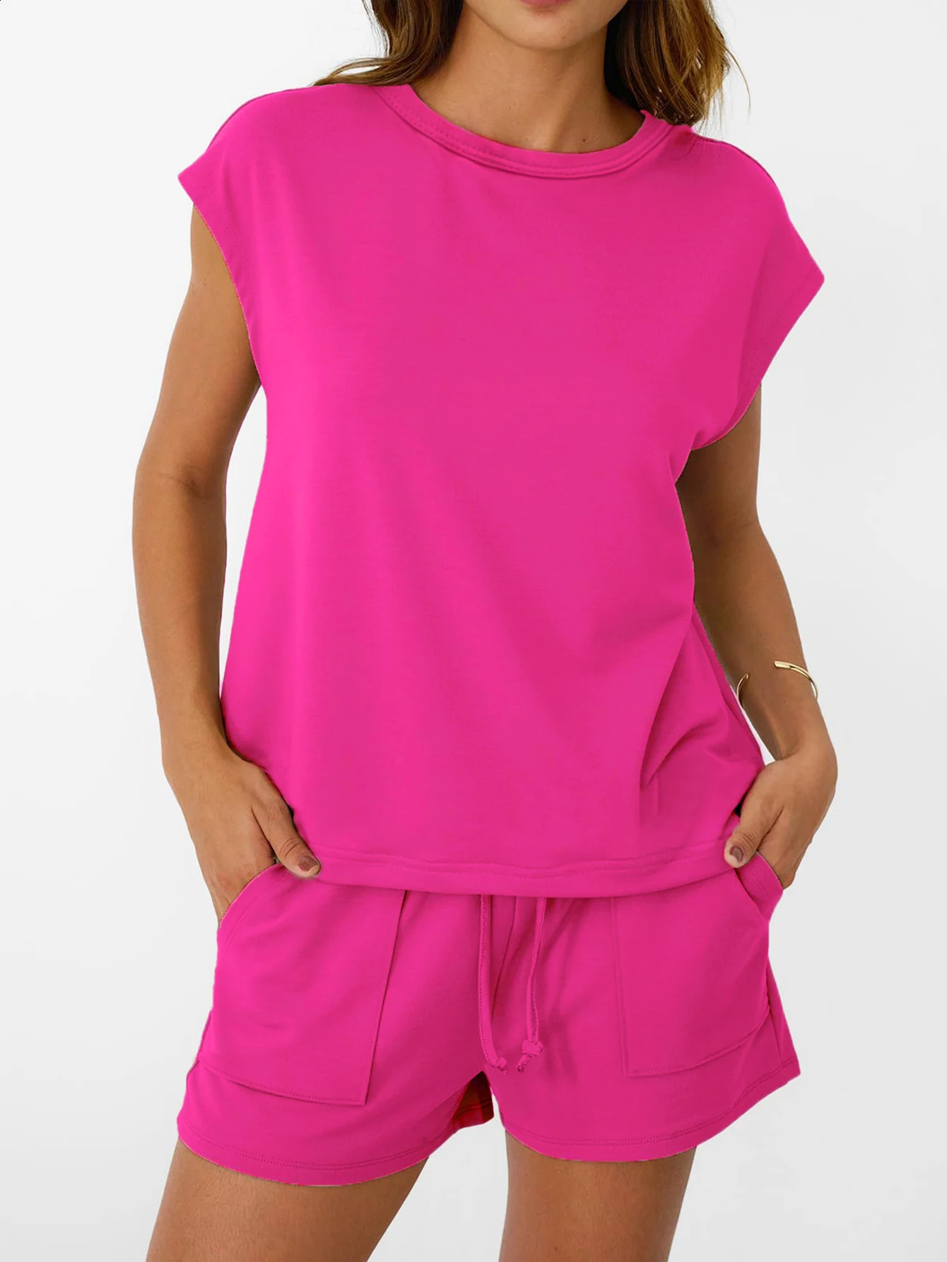 2Piece Set of Womens Spring and Autumn Pajamas Simple Solid Color with Pockets Comfortable ShortSleeve Shorts Suitable 260625 - view 6