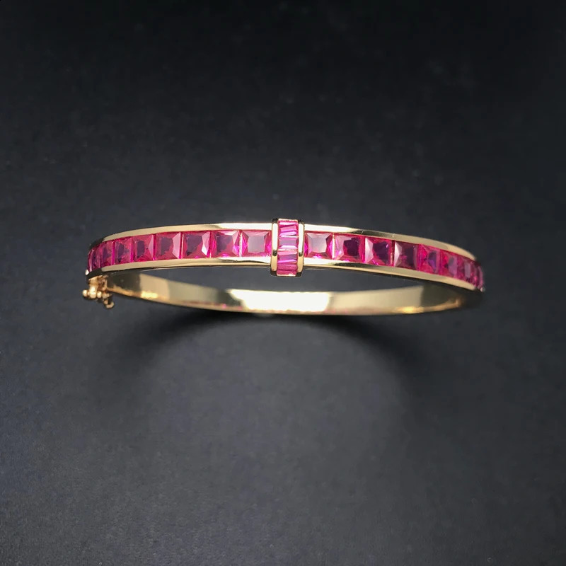 Elegant Ruby Bangle Created Red Corundum Gemstone Bracelet Yellow Gold for Women Lady Party Birthday Trendy Jewelry Gift 260626 - view 3
