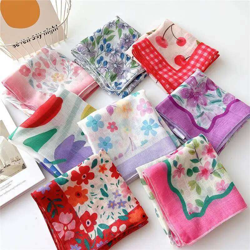 Sunscreen Head Cotton Linen Square Women Floral Peach Neck Scarf Fashion Decorative Neckerchief Hairband 58*58cm 26Y06226