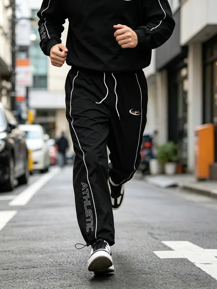 Mens Athletic Letter Striped Baggy Track Pants Lightweight Drawstring Joggers for Gym Streetwear Spring Summer 260625 - view 7