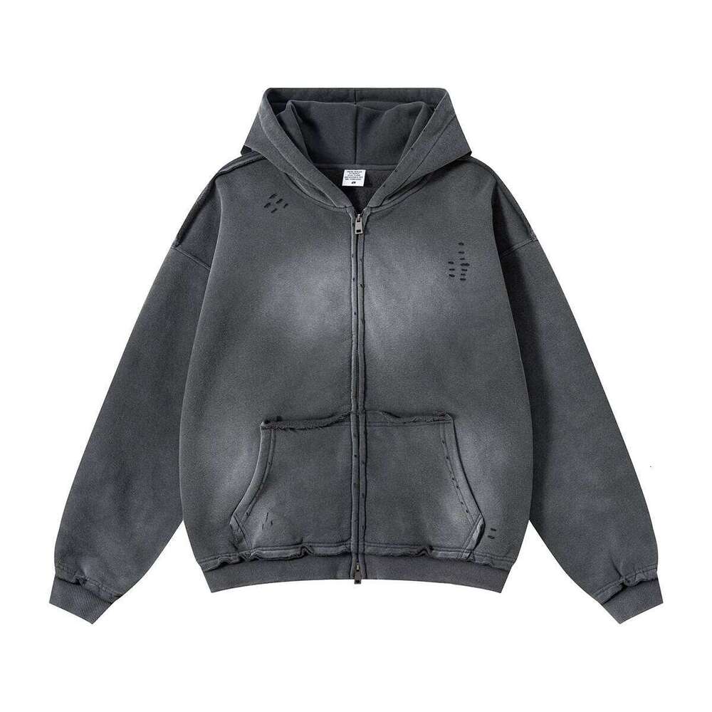 Men's Zip Up Hoodies Y2k Distressed Washed Oversize Cardigan Hoodie Plus Plush Tie-dye Fraying Hooded Sweatshirt Autumn Winter W260626 - view 3