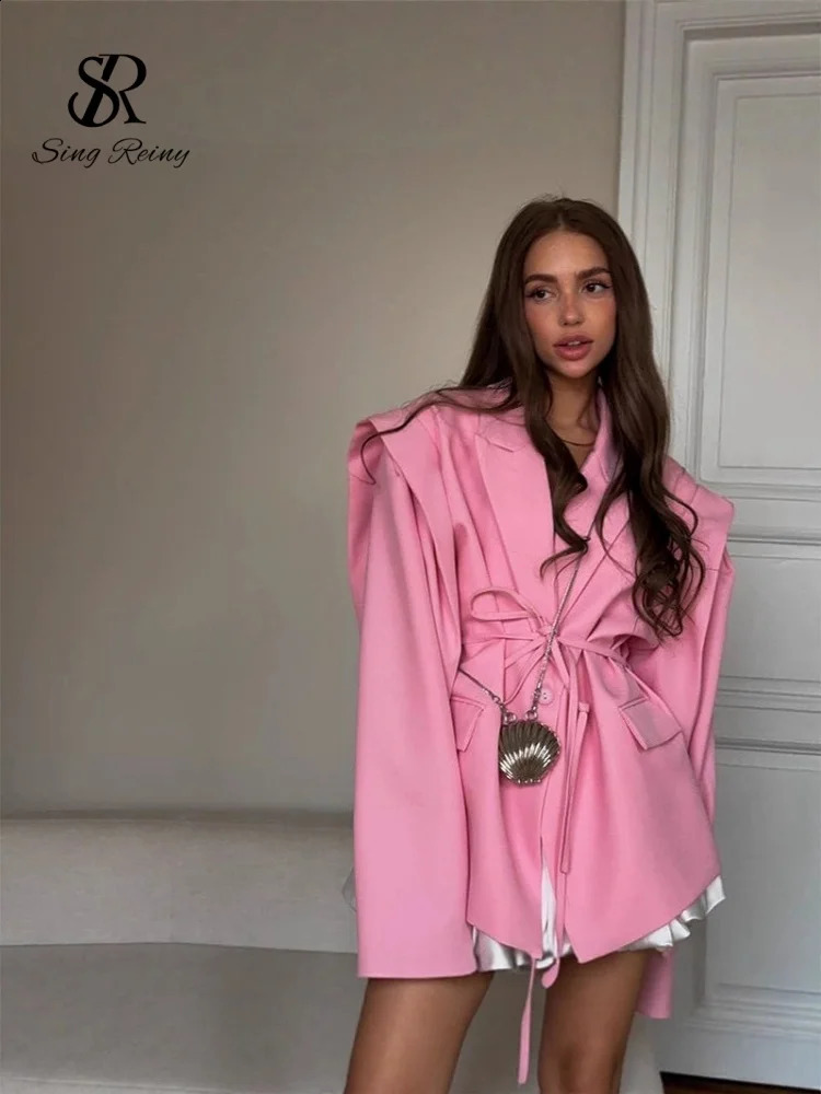 SINGREINY Chic Oversize Floral Printed Jacket Women Padded Lapel Lace Up Loose Outwears Autumn Long Sleeves OL Casual Blazer 260625 - view 3