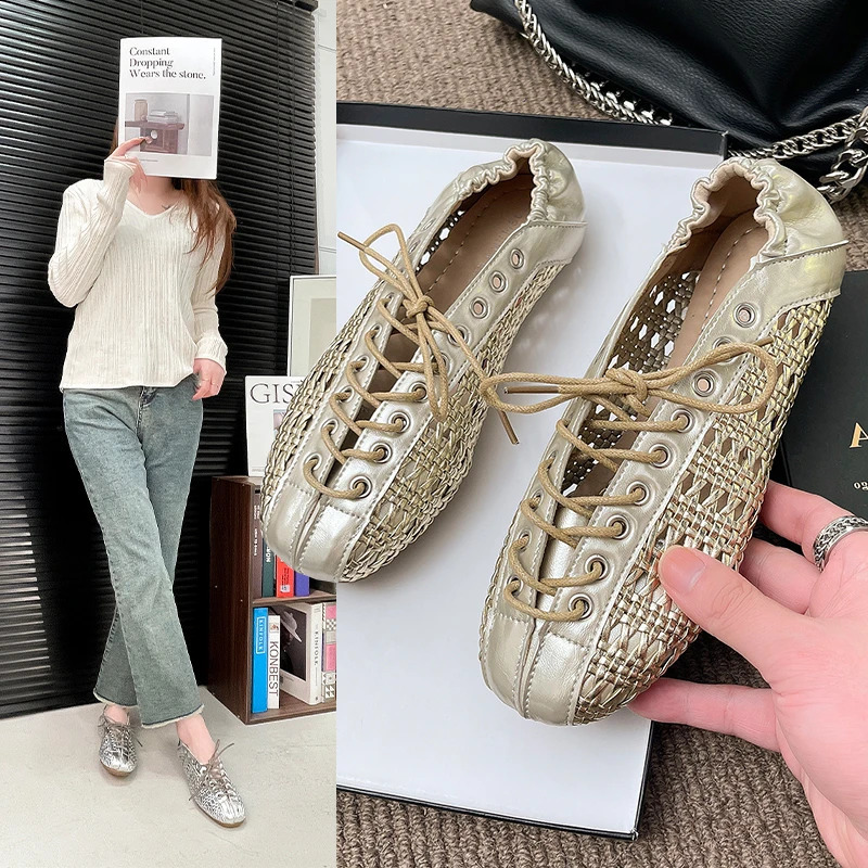 2026 Summer Breathable Hollow Out Weave Women Ballet Flats Fashion Mary Jane Shoes Soft Soles Walking Loafers Casual Girls 260626 - view 1