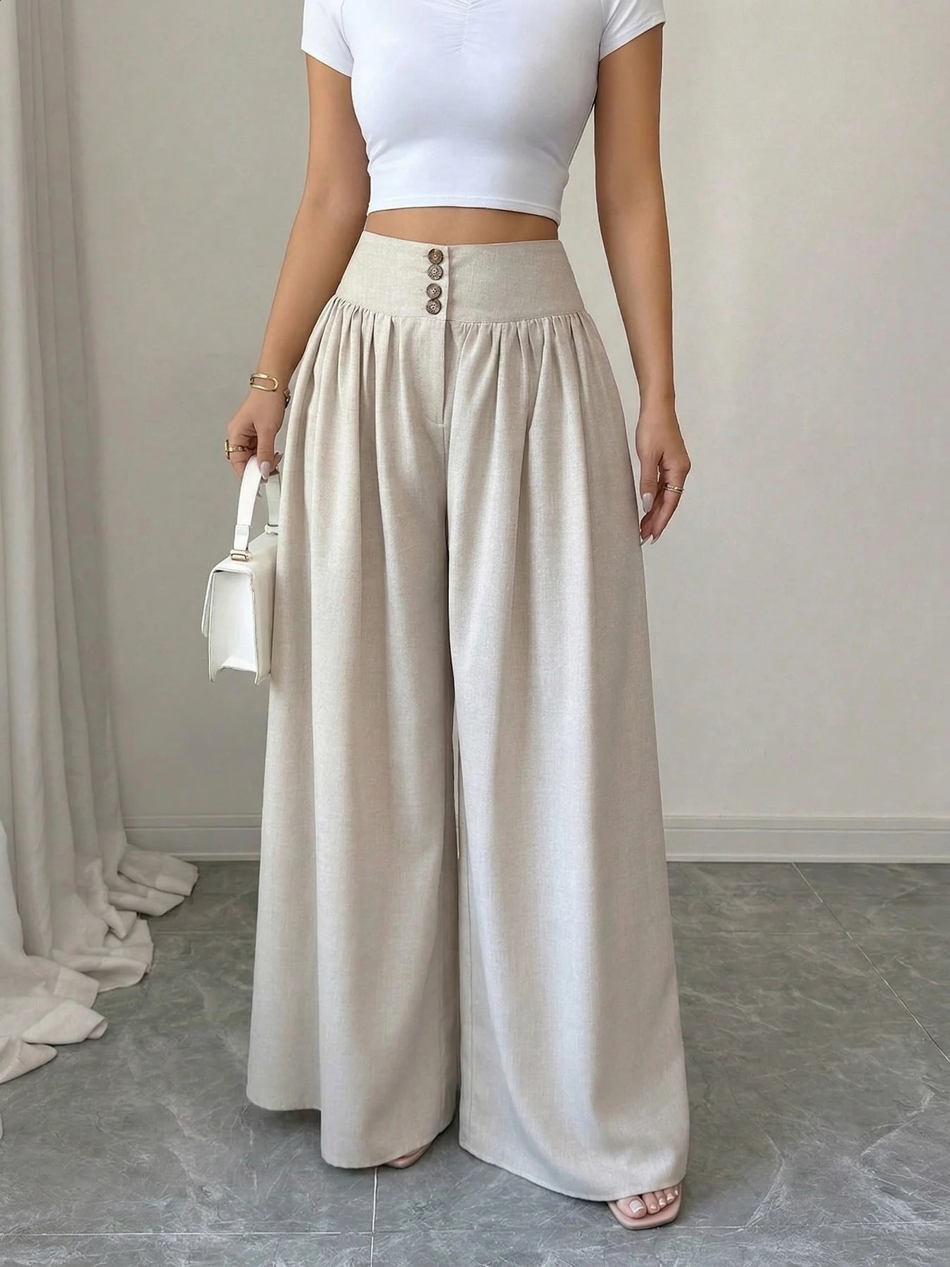 Women Khaki High Waist Wide Leg Pants Button Detail Pleated Front Loose Fit Casual Trousers Office Vacation Spring Summer 260625